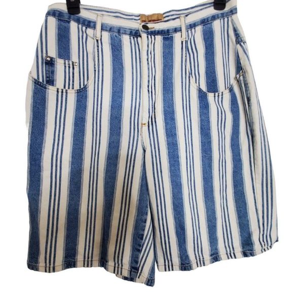 Vintage Striped Shorts 16 Womens Denim Forelli USA Mom Jorts Cotton 90s Wide Bag - Picture 1 of 13